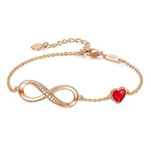 Rose Gold Infinity Heart Symbol Red Charm Link Bracelet January July Birthstone